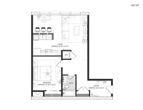 Floor plan for 1 bed, 1 bath, 785 sqft